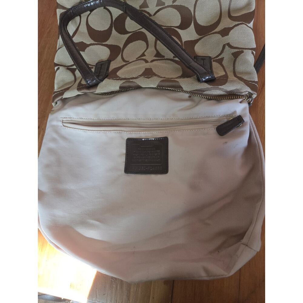 Authentic Coach Monogram Khaki and Vermillion Striped Shoulder Bag Tote Medium - Picture 12 of 13